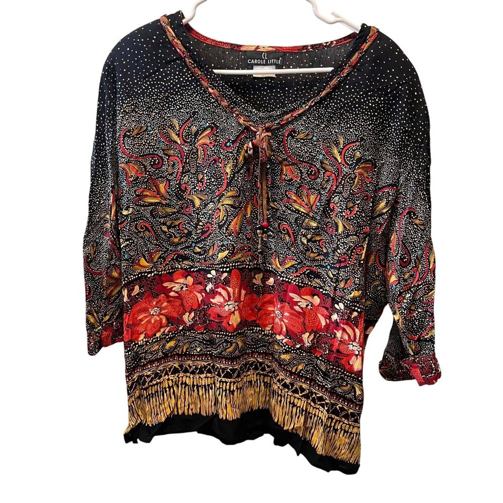 Vintage Carole Little Black Red Floral Paisley ‎ top Blouse Womens L colorful